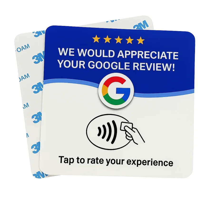 Google review NFC-kaart: blauw-wit met vijf sterren, Google-logo en tik-icoon, met 3M-plakstrip op de achterkant
